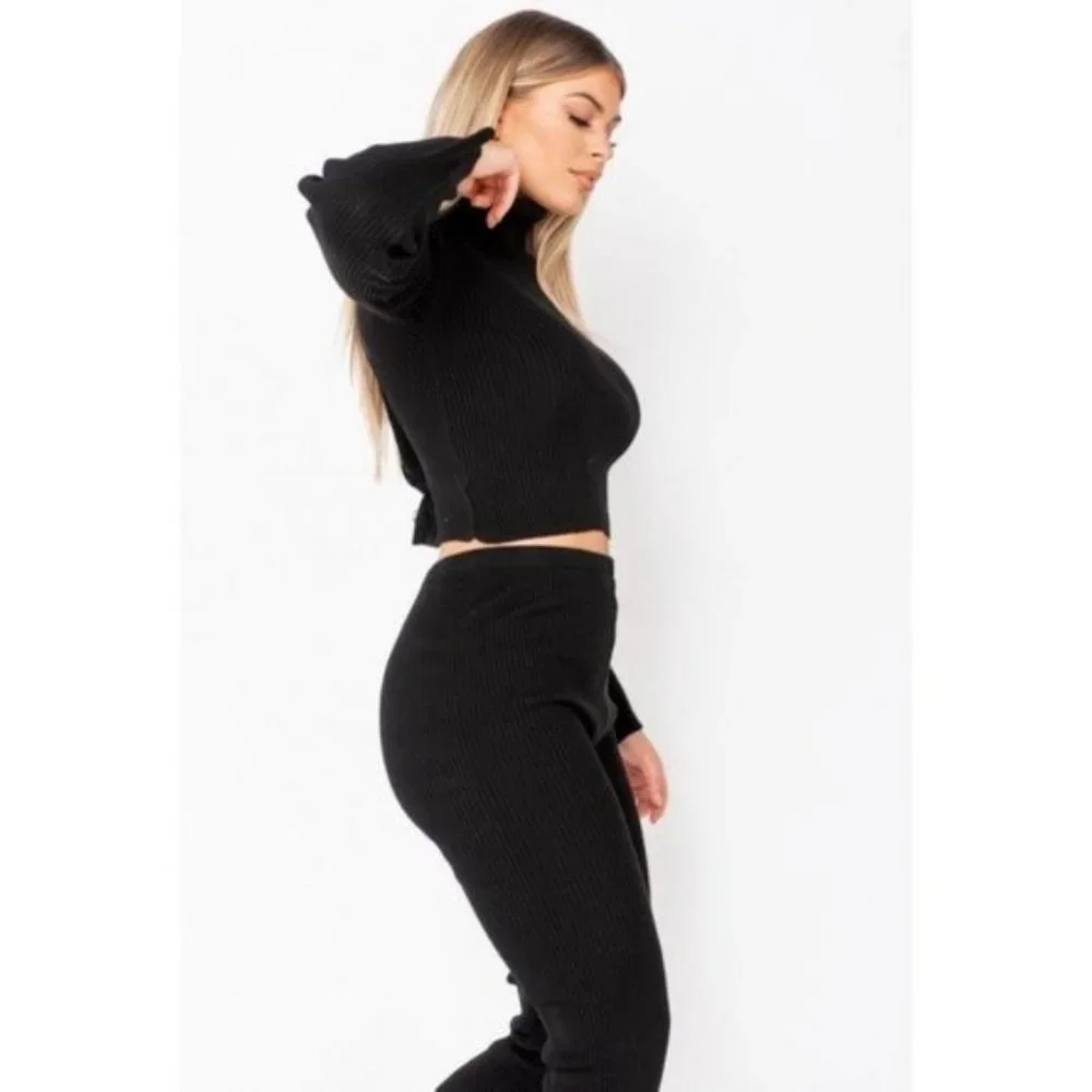Black Knitted Long Sleeve Turtle Neck Crop Top and Pants Two Piece Set - Picture 6 of 15
